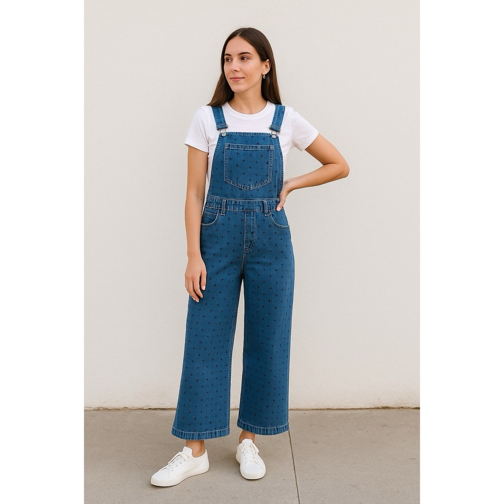 Ulla Johnson Denim Jumpsuit 10 Blue Polka Dot Bib Overalls Wide Leg Streetwear